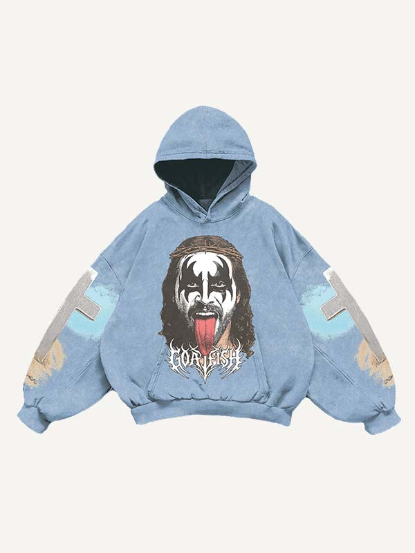 Figure&Tongue&Cross&Letter Print Slant Pockets Hoodie