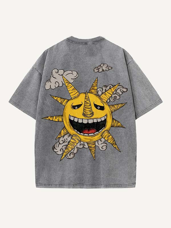 Distressed Washed Evil Moon&Sun&Star&Cloud Print Round Neck T-shirt