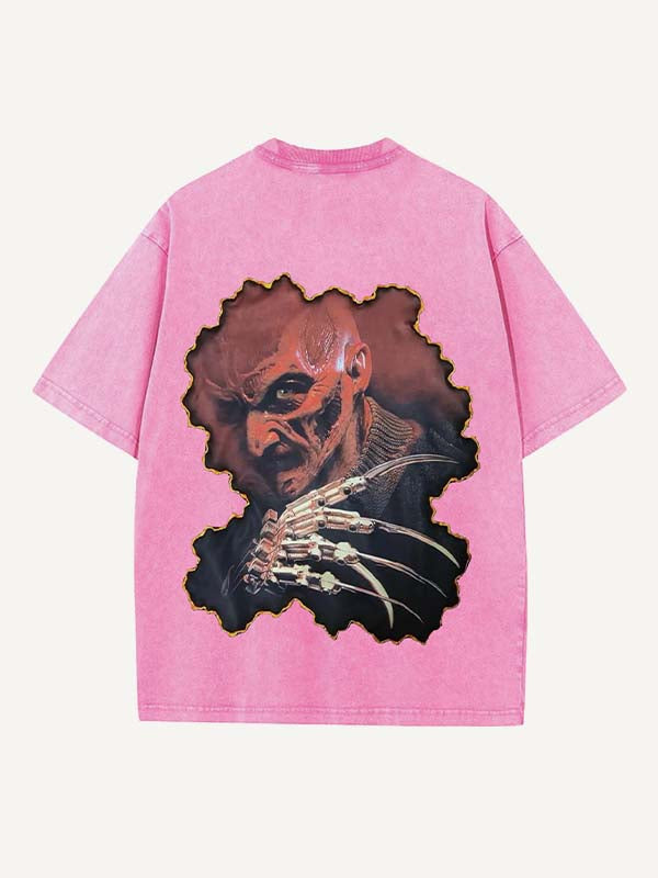 Distressed Washed Horror Print Round Neck T-shirt