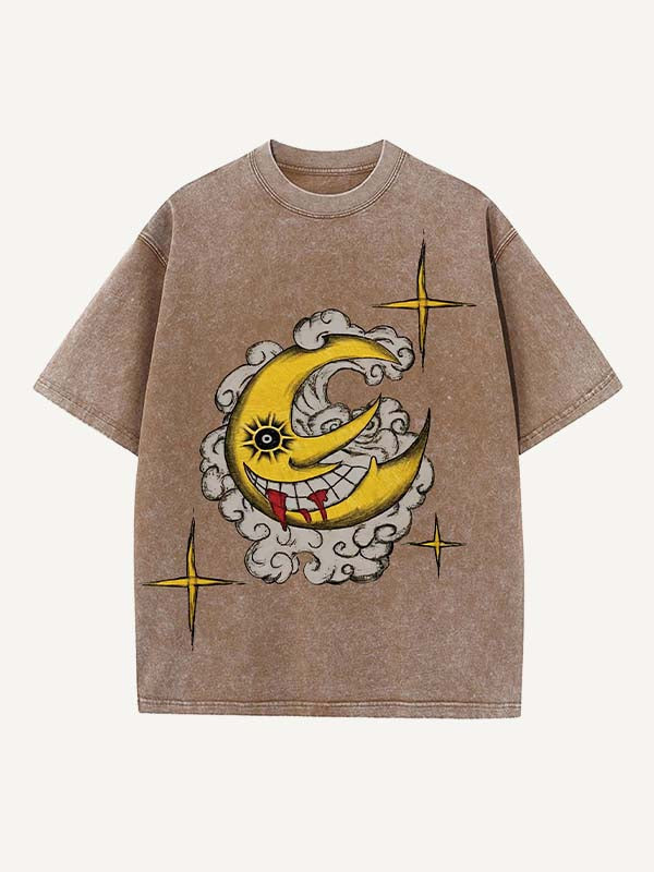 Distressed Washed Evil Moon&Sun&Star&Cloud Print Round Neck T-shirt
