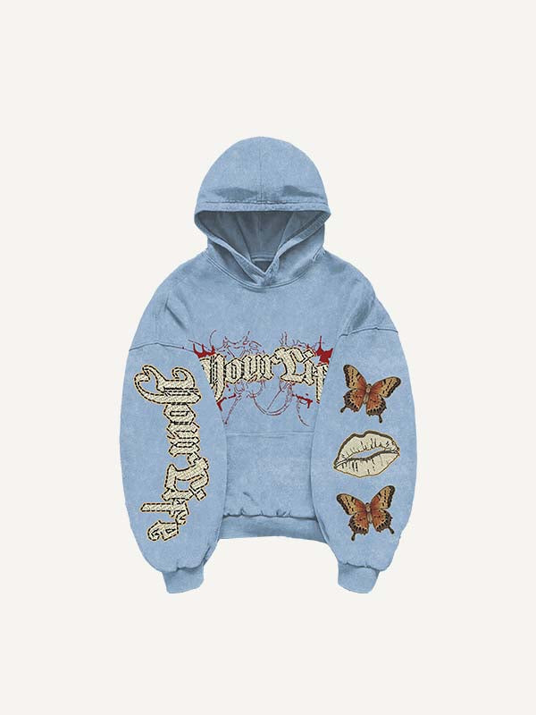 Butterfly&Lips&Letter Print Slant Pockets Hoodie