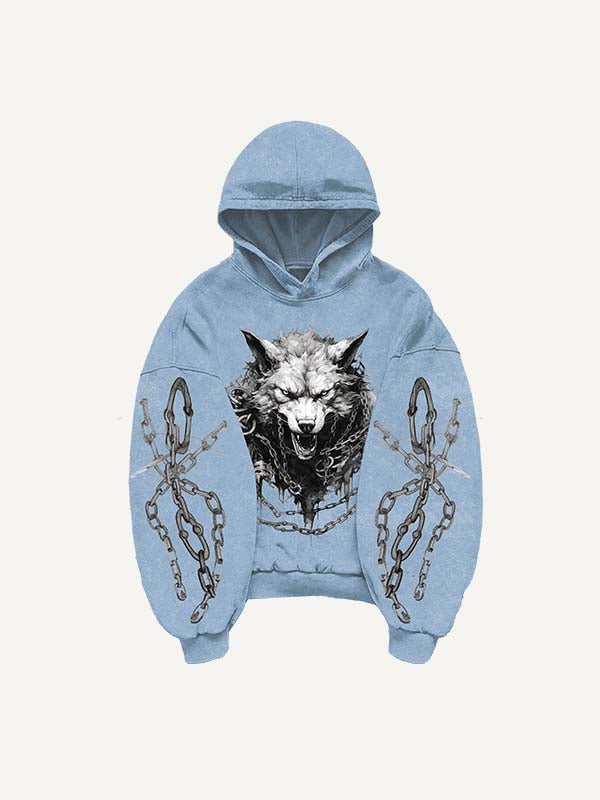Wolf Print Slant Pockets Hoodie