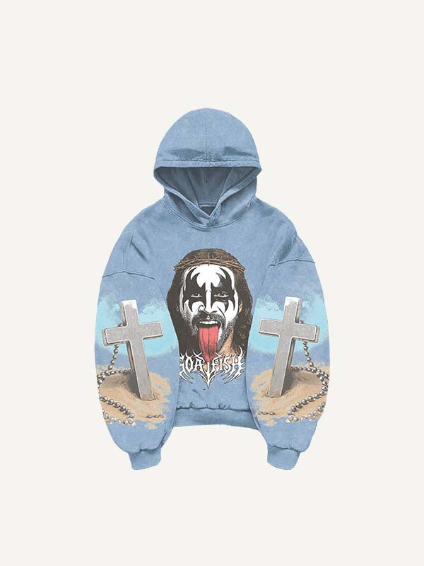 Figure&Tongue&Cross&Letter Print Slant Pockets Hoodie