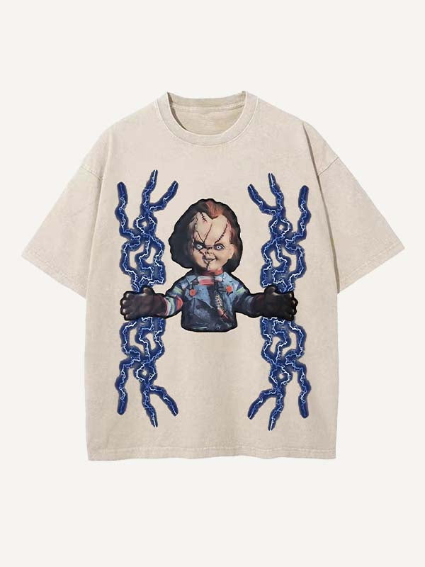 Distressed Washed Horror Print Round Neck T-shirt