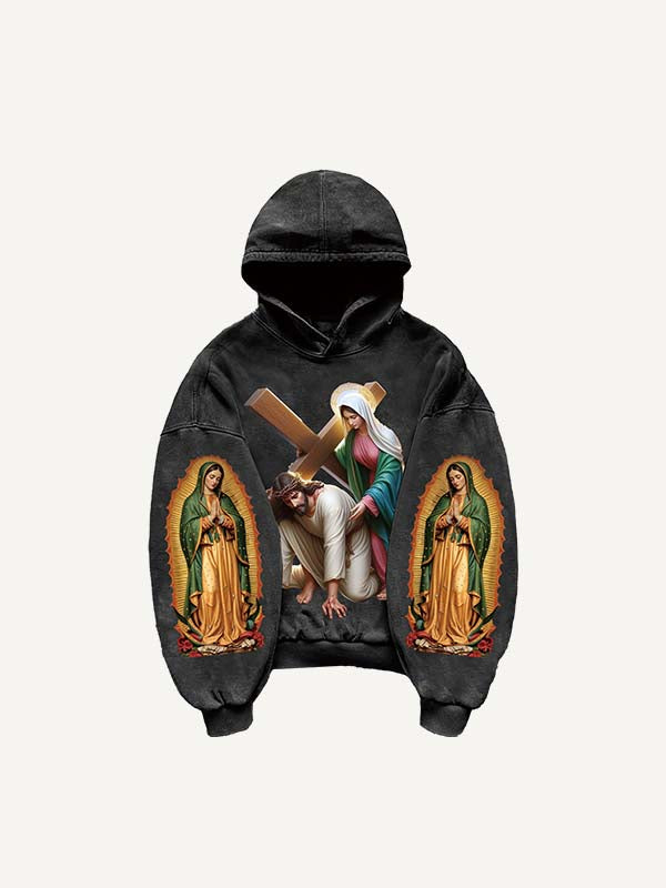 Mary&Jesus&Cross Print Slant Pockets Hoodie