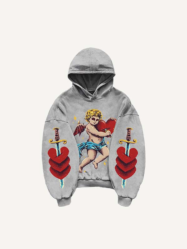 Angel&Devil&Heart&Sword&Letter Print Slant Pockets Hoodie