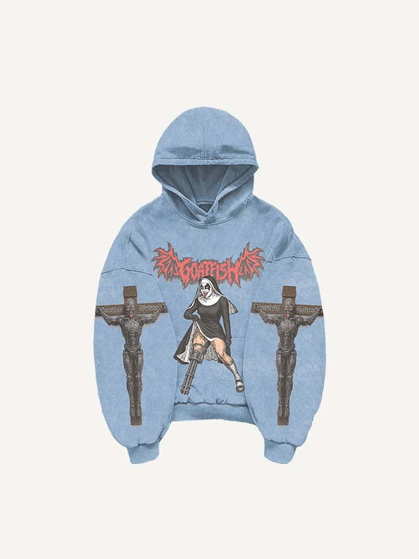 Figure&Demon&Cross&Letter Print Slant Pockets Hoodie