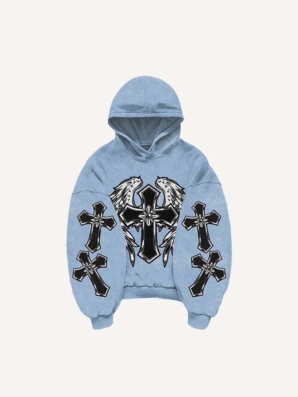 Cross&Wing&Heart Print Slant Pockets Hoodie
