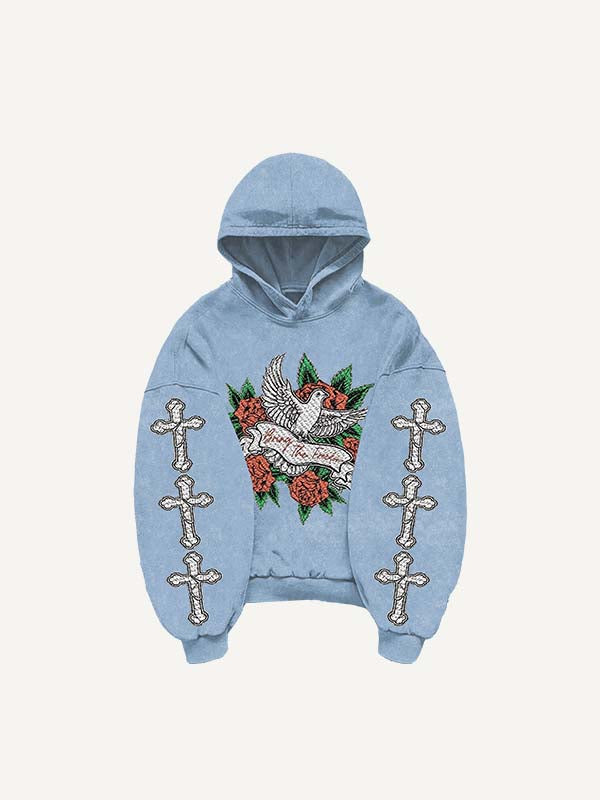 Cross&Rose&Pigeon Print Slant Pockets Hoodie
