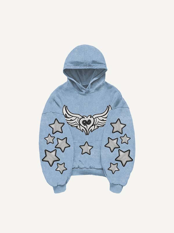 Demon Heart&Wing&Star Print Slant Pockets Hoodie