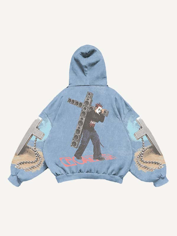 Figure&Tongue&Cross&Letter Print Slant Pockets Hoodie