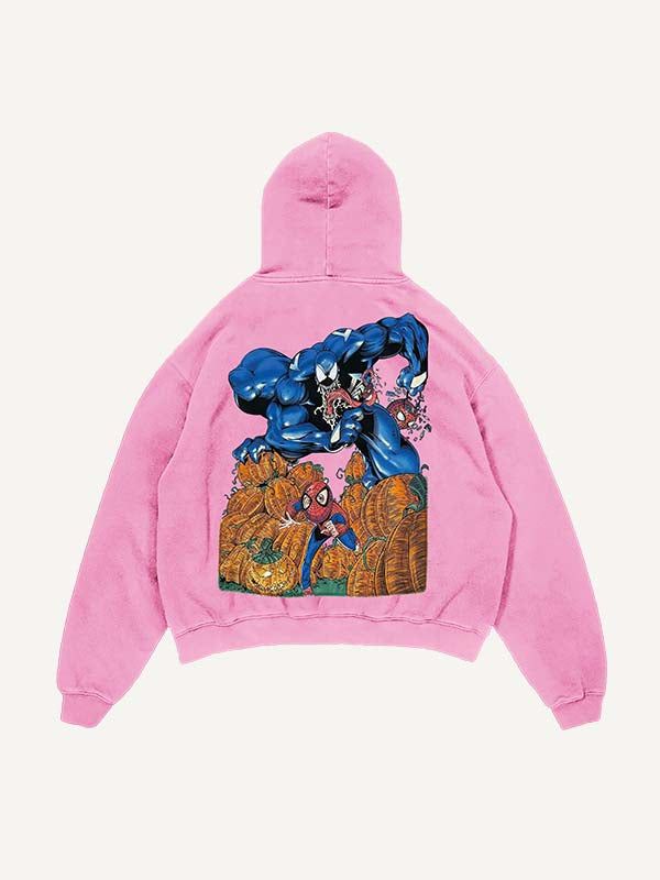 Distressed Washed Venom&Spider-Man&Pumpkin Print Slant Pockets Hoodie