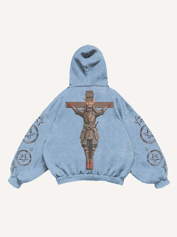 Warrior&Cross&Star Print Slant Pockets Hoodie