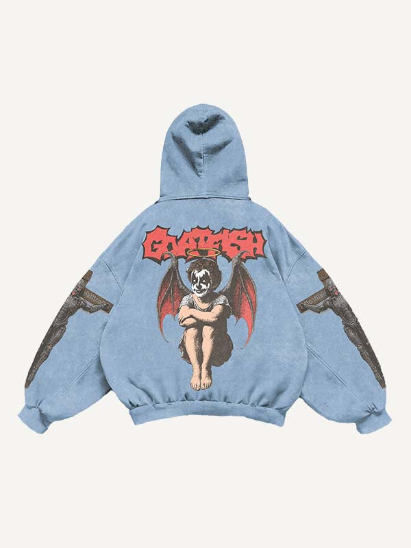 Figure&Demon&Cross&Letter Print Slant Pockets Hoodie