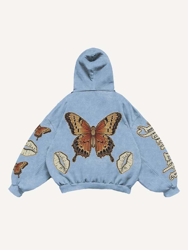 Butterfly&Lips&Letter Print Slant Pockets Hoodie