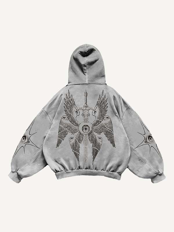 Wing&Eye&Graphic&Sword Print Slant Pockets Hoodie