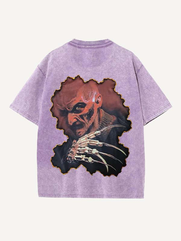 Distressed Washed Horror Print Round Neck T-shirt