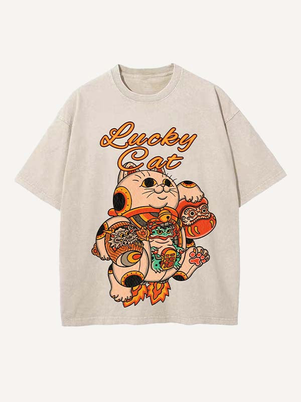 Distressed Washed Cat&Dragon&Animal&Graphic Print Round Neck T-shirt