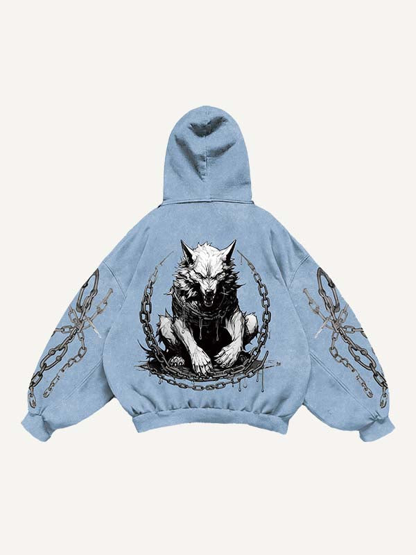Wolf Print Slant Pockets Hoodie