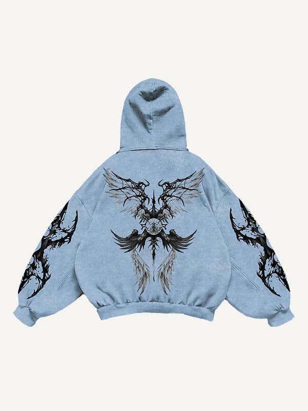 Eyeball&Wing Print Slant Pockets Hoodie