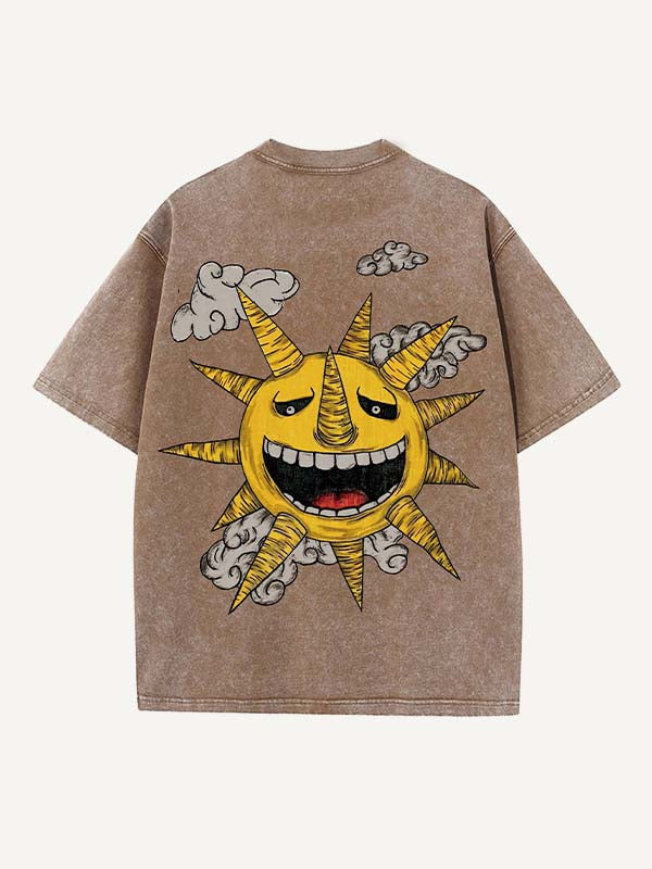 Distressed Washed Evil Moon&Sun&Star&Cloud Print Round Neck T-shirt