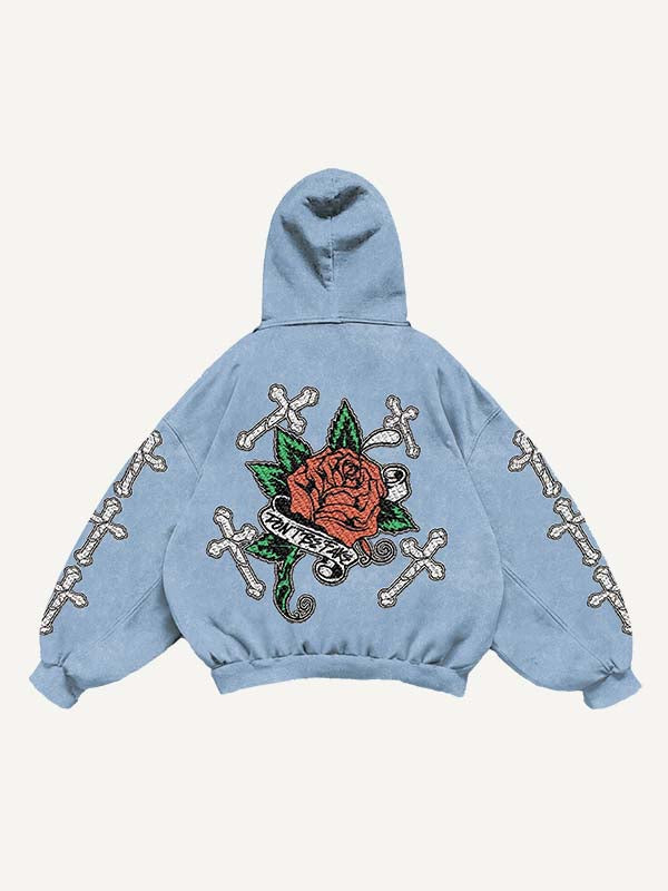 Cross&Rose&Pigeon Print Slant Pockets Hoodie