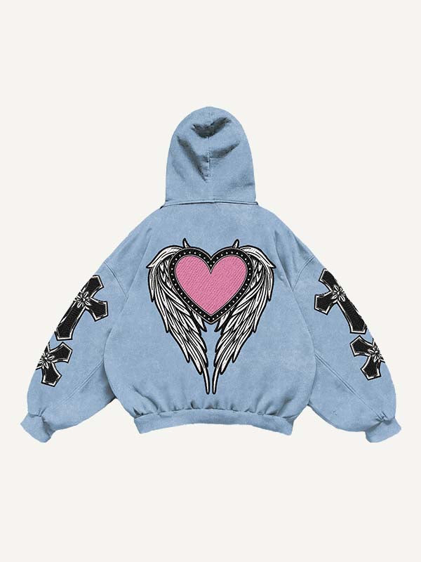 Cross&Wing&Heart Print Slant Pockets Hoodie