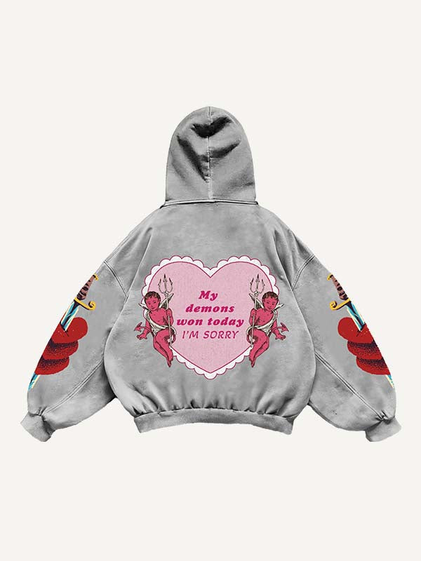 Angel&Devil&Heart&Sword&Letter Print Slant Pockets Hoodie