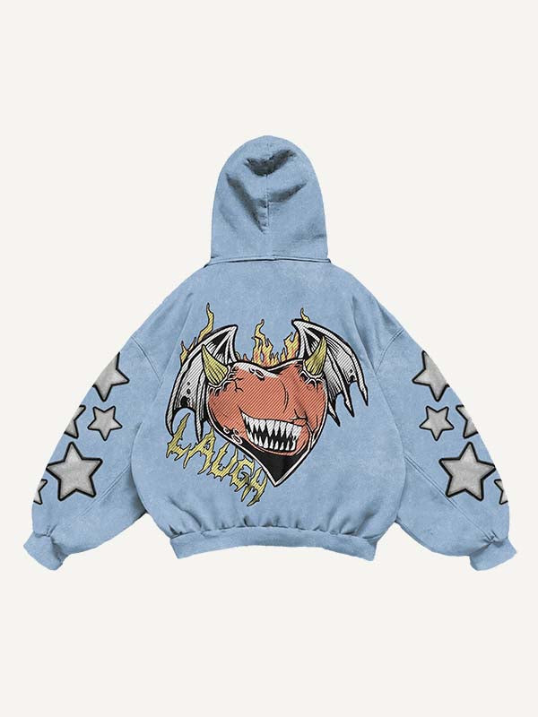 Demon Heart&Wing&Star Print Slant Pockets Hoodie