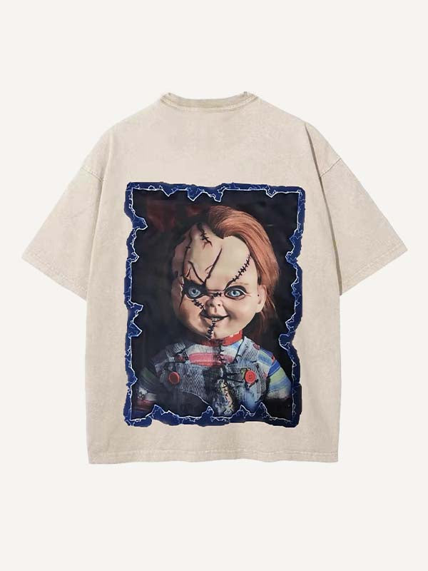 Distressed Washed Horror Print Round Neck T-shirt