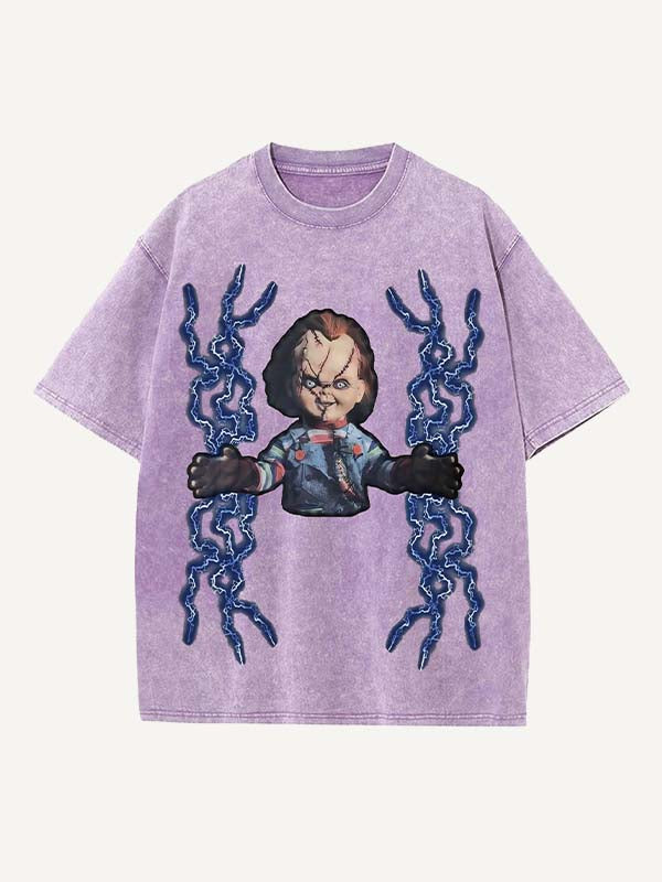 Distressed Washed Horror Print Round Neck T-shirt