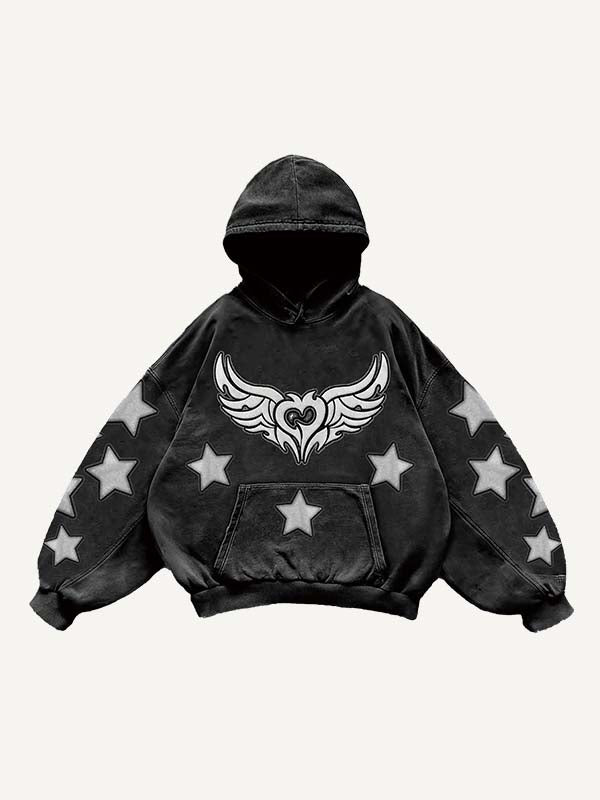 Demon Heart&Wing&Star Print Slant Pockets Hoodie