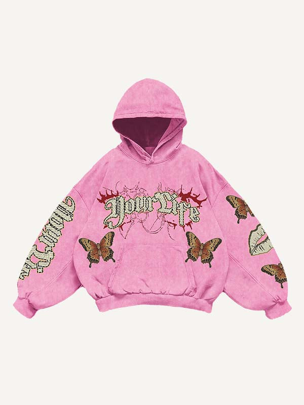 Butterfly&Lips&Letter Print Slant Pockets Hoodie