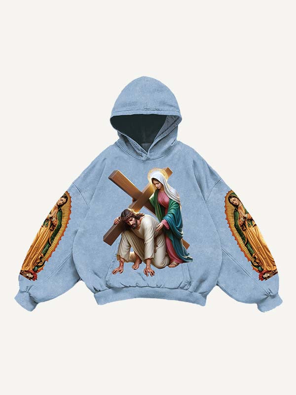 Mary&Jesus&Cross Print Slant Pockets Hoodie