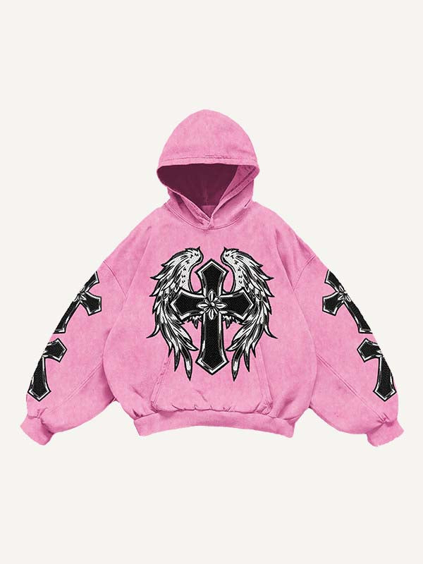 Cross&Wing&Heart Print Slant Pockets Hoodie