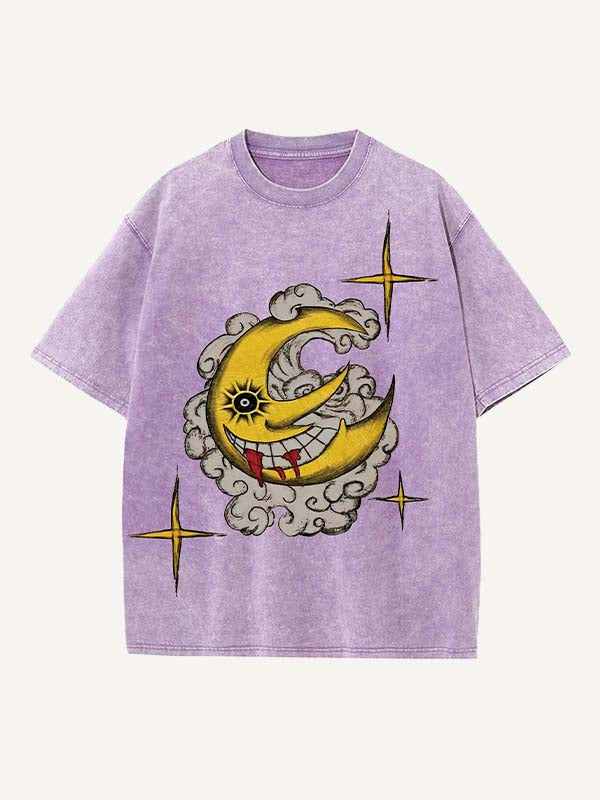 Distressed Washed Evil Moon&Sun&Star&Cloud Print Round Neck T-shirt