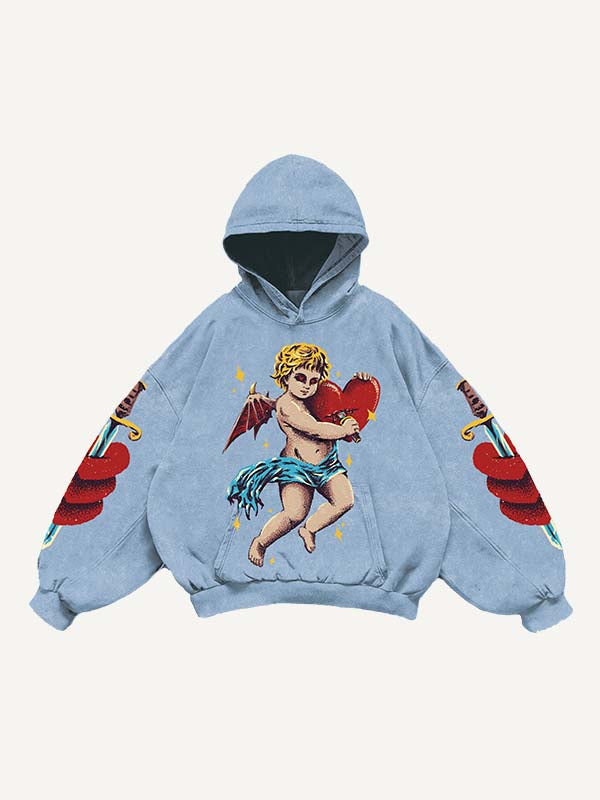 Angel&Devil&Heart&Sword&Letter Print Slant Pockets Hoodie