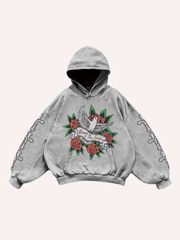 Cross&Rose&Pigeon Print Slant Pockets Hoodie