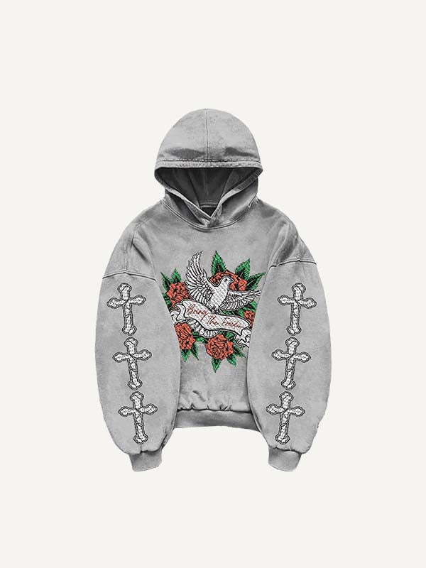 Cross&Rose&Pigeon Print Slant Pockets Hoodie