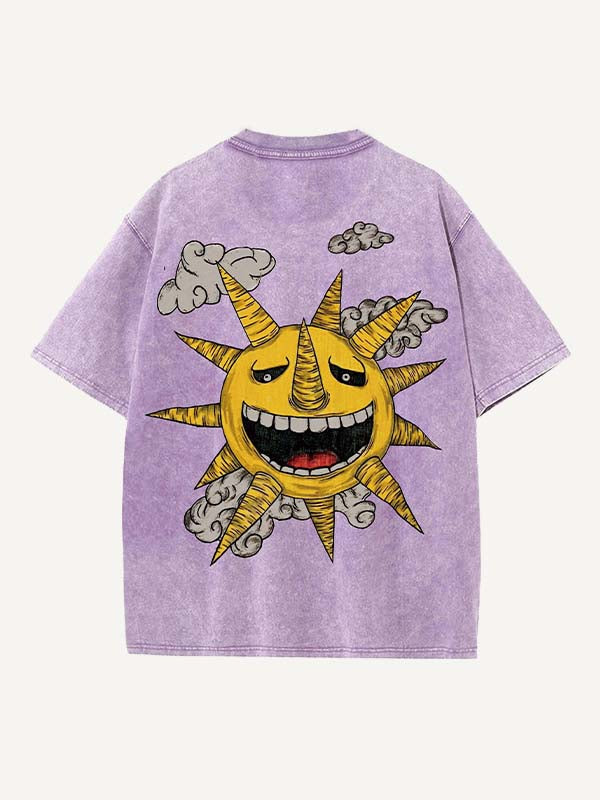 Distressed Washed Evil Moon&Sun&Star&Cloud Print Round Neck T-shirt