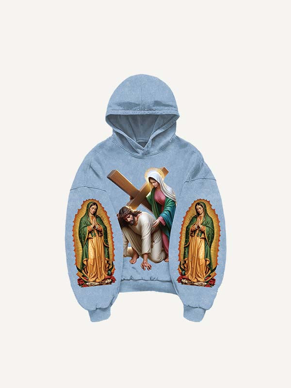 Mary&Jesus&Cross Print Slant Pockets Hoodie