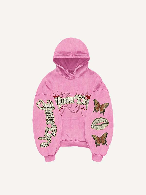 Butterfly&Lips&Letter Print Slant Pockets Hoodie