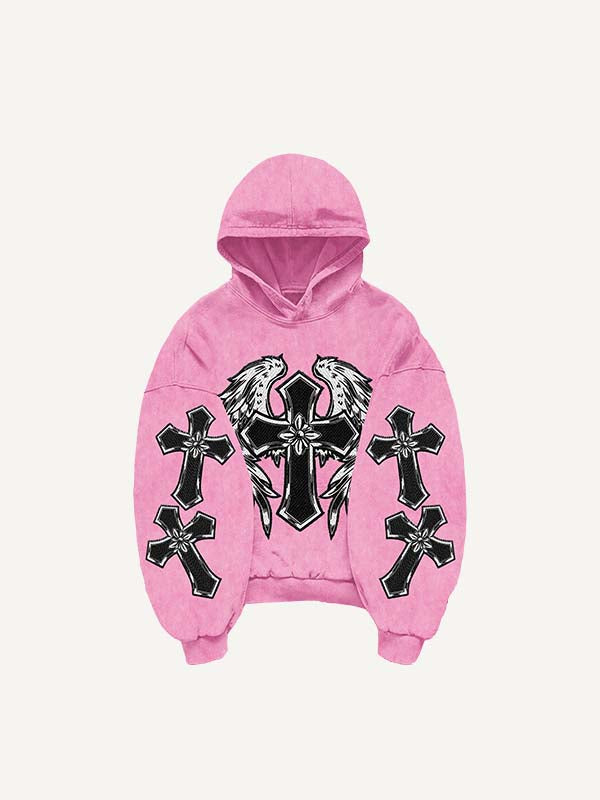 Cross&Wing&Heart Print Slant Pockets Hoodie