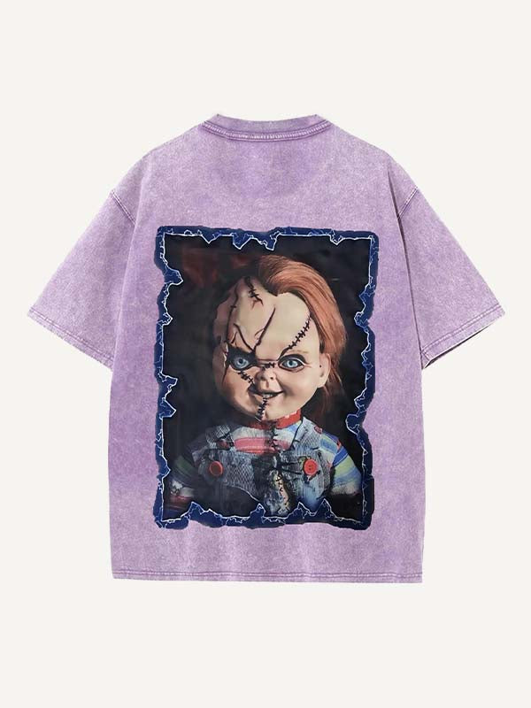 Distressed Washed Horror Print Round Neck T-shirt