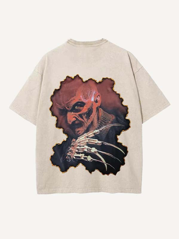 Distressed Washed Horror Print Round Neck T-shirt