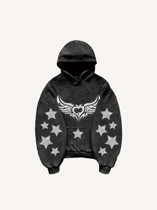 Demon Heart&Wing&Star Print Slant Pockets Hoodie