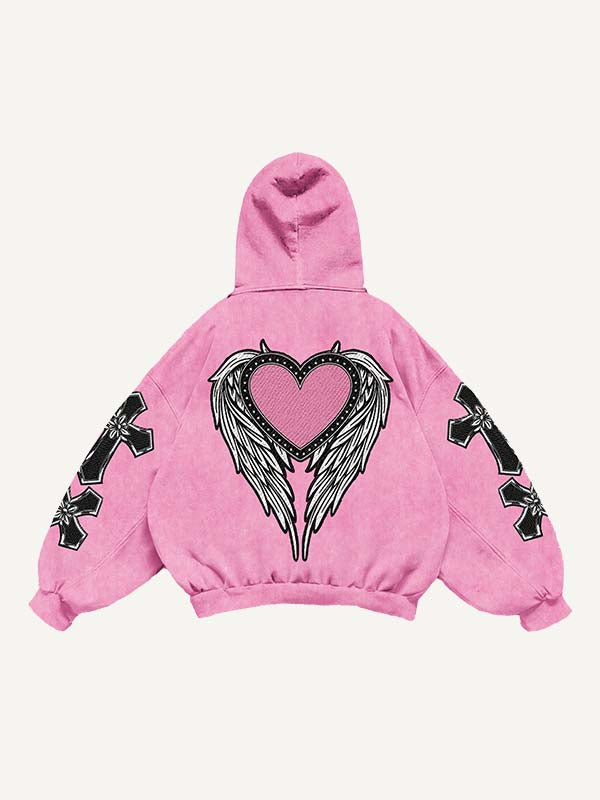 Cross&Wing&Heart Print Slant Pockets Hoodie