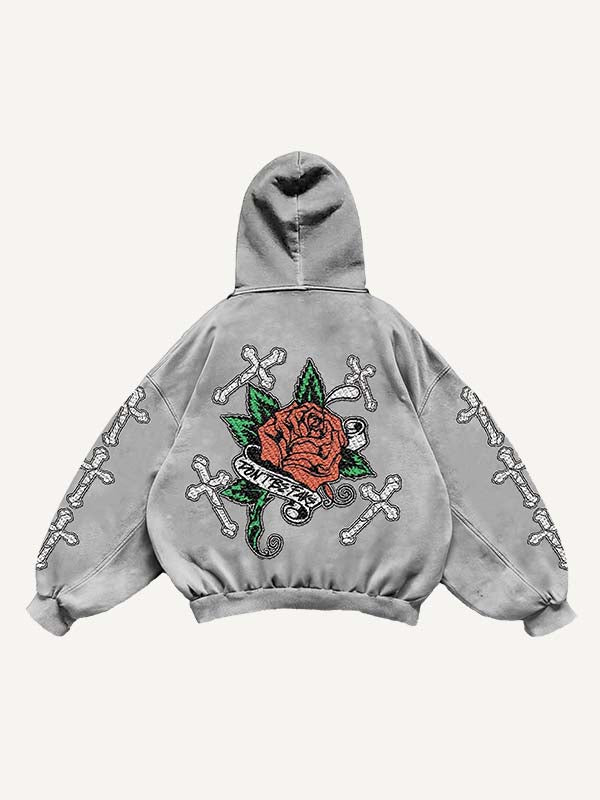 Cross&Rose&Pigeon Print Slant Pockets Hoodie