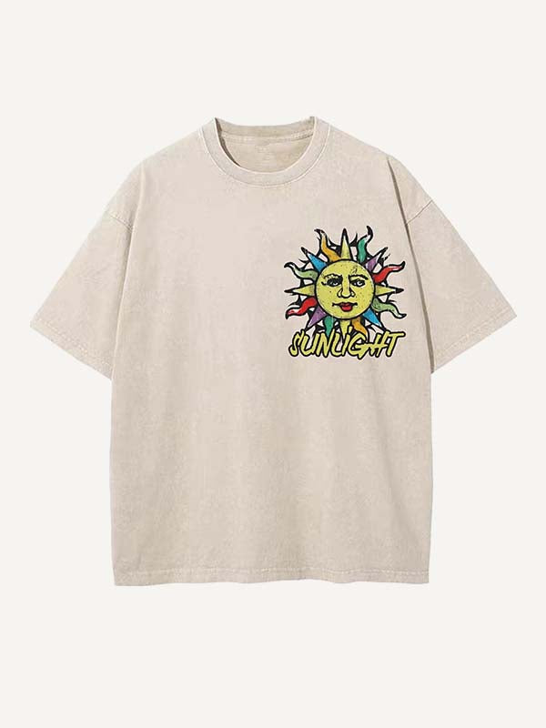 Distressed Washed Sun&Letter Print Round Neck T-shirt