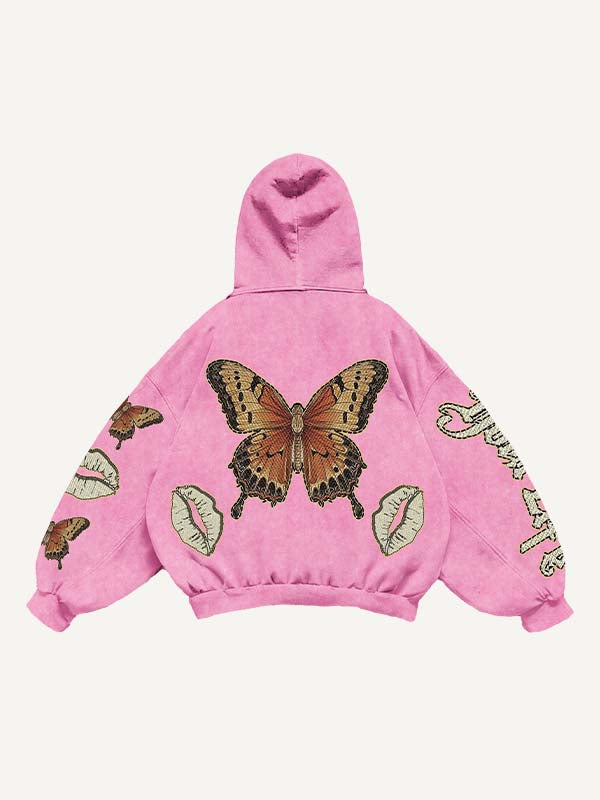 Butterfly&Lips&Letter Print Slant Pockets Hoodie